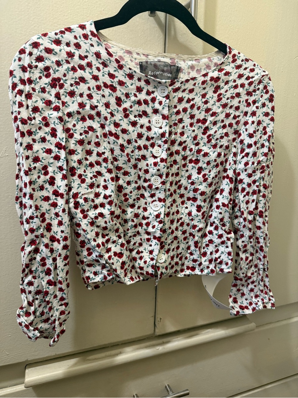 Reformation White Top with Red Floral Print